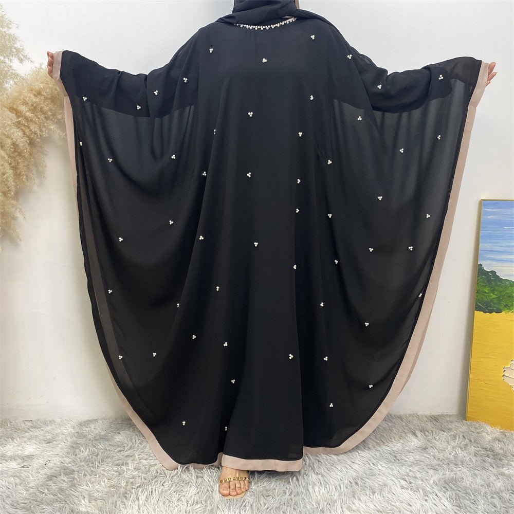 Elegant Chiffon Batwing Sleeve Abaya Pearl - Embellished Loose Muslim Robe with Contrast Trim. (MA183) - Mariam's Collection