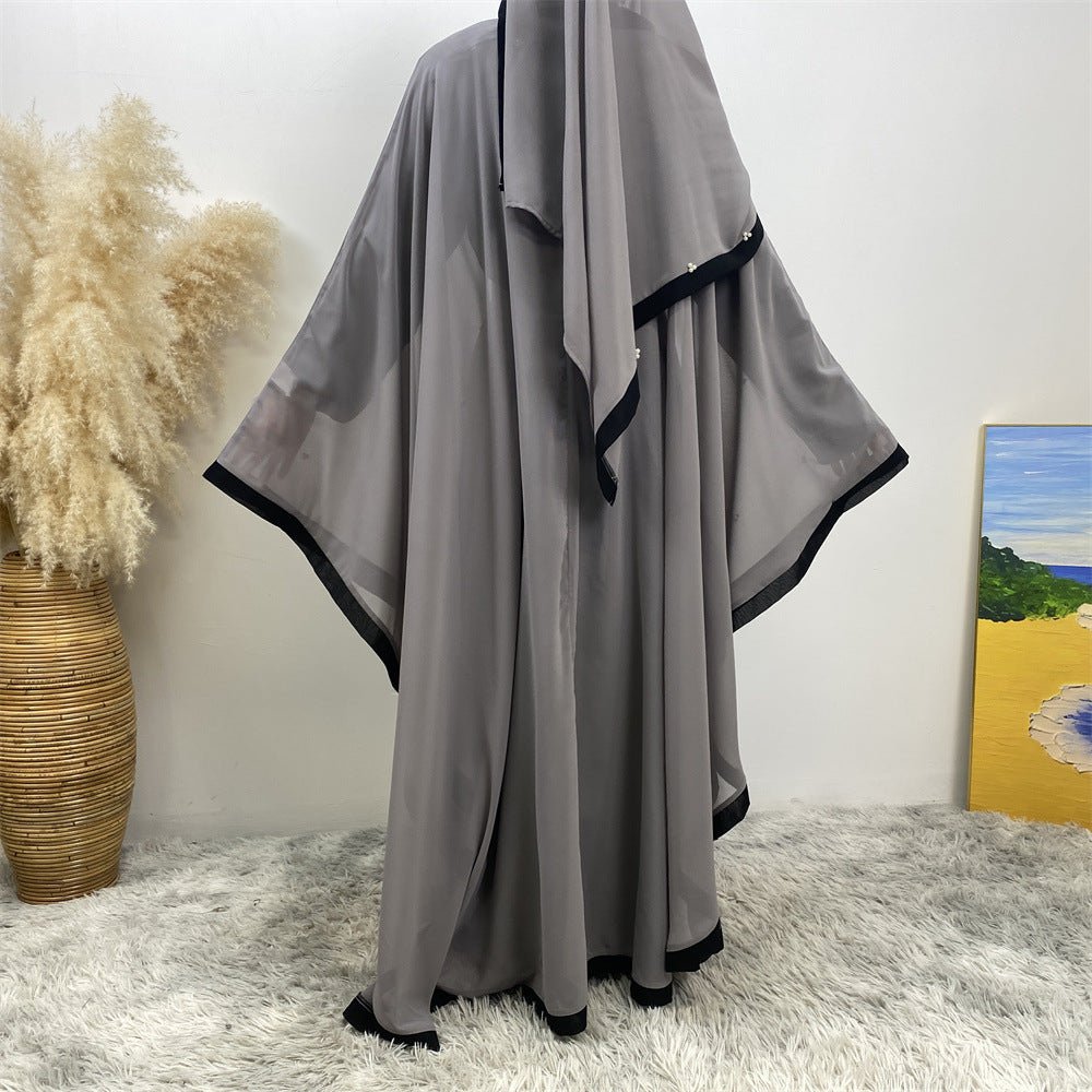 Elegant Chiffon Batwing Sleeve Abaya Pearl - Embellished Loose Muslim Robe with Contrast Trim. (MA183) - Mariam's Collection