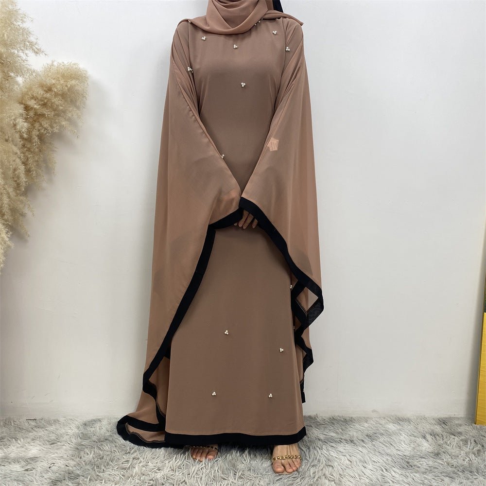 Elegant Chiffon Batwing Sleeve Abaya Pearl - Embellished Loose Muslim Robe with Contrast Trim. (MA183) - Mariam's Collection