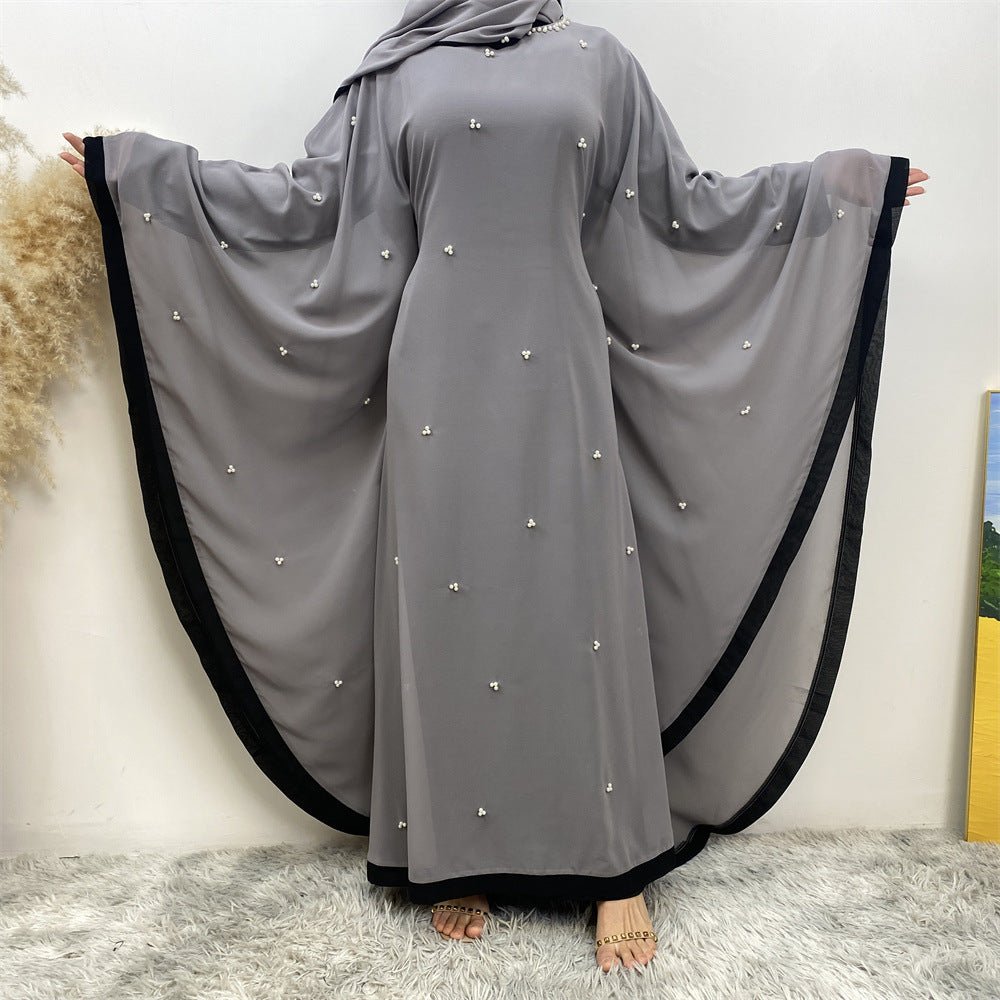 Elegant Chiffon Abaya With Batwing Sleeve Loose Robe Abaya With Pearl Embellishments (MA183)
