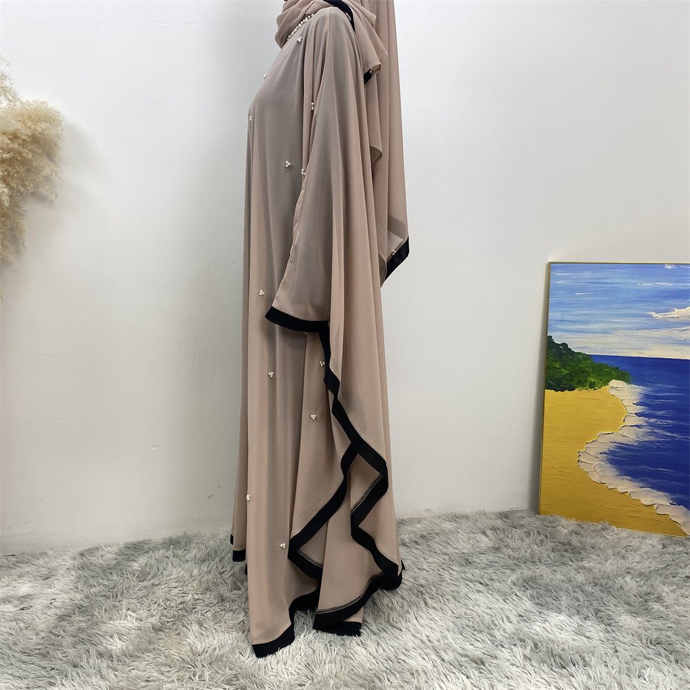 Elegant Chiffon Batwing Sleeve Abaya Pearl - Embellished Loose Muslim Robe with Contrast Trim. (MA183) - Mariam's Collection