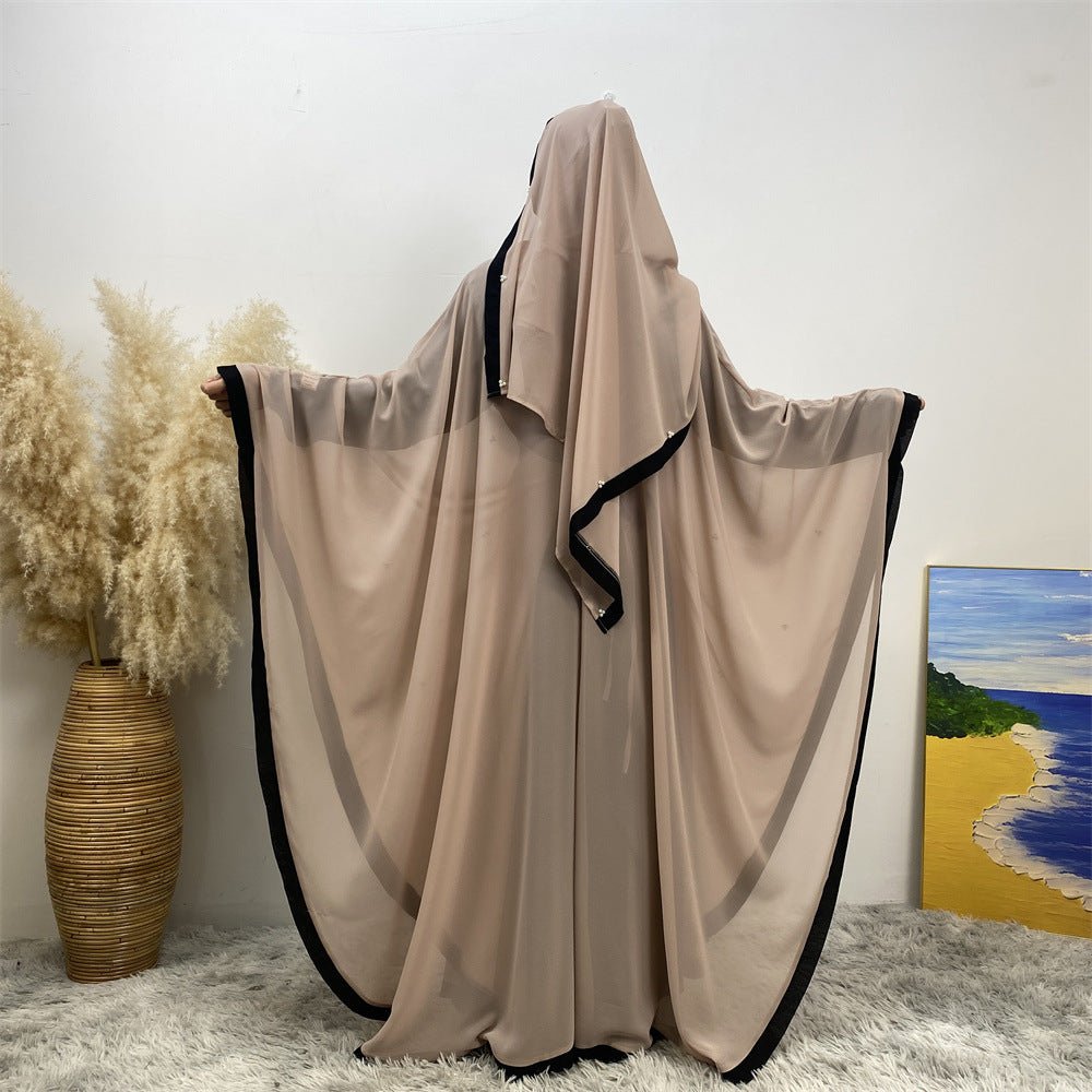 Elegant Chiffon Batwing Sleeve Abaya Pearl - Embellished Loose Muslim Robe with Contrast Trim. (MA183) - Mariam's Collection
