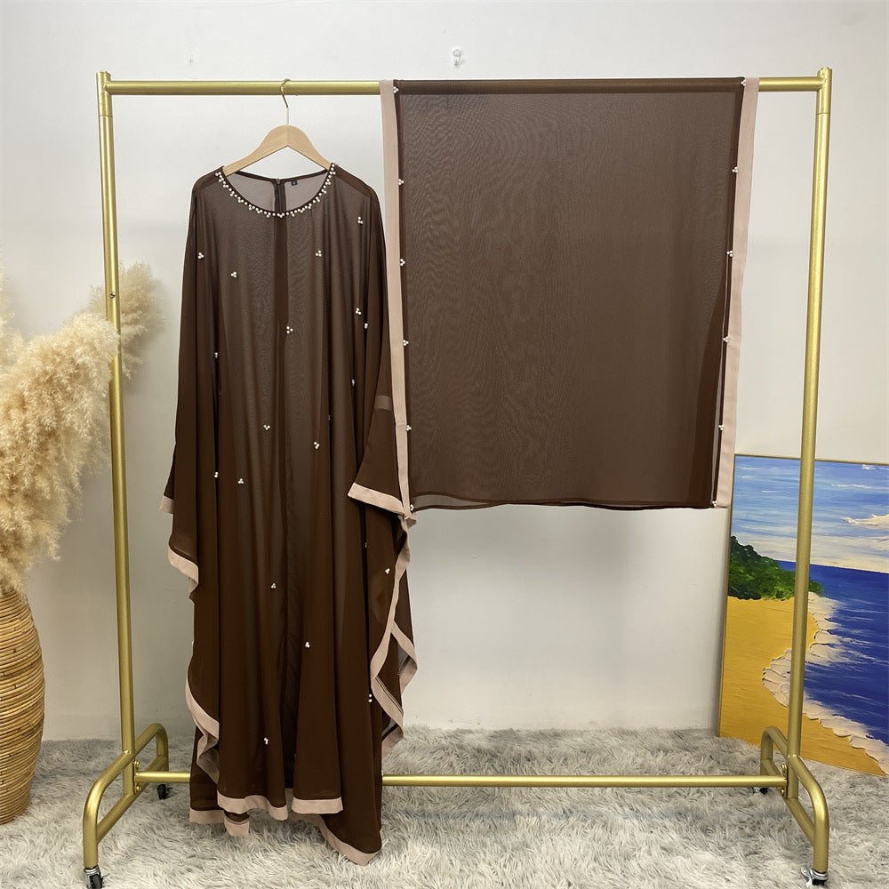 Elegant Chiffon Batwing Sleeve Abaya Pearl - Embellished Loose Muslim Robe with Contrast Trim. (MA183) - Mariam's Collection