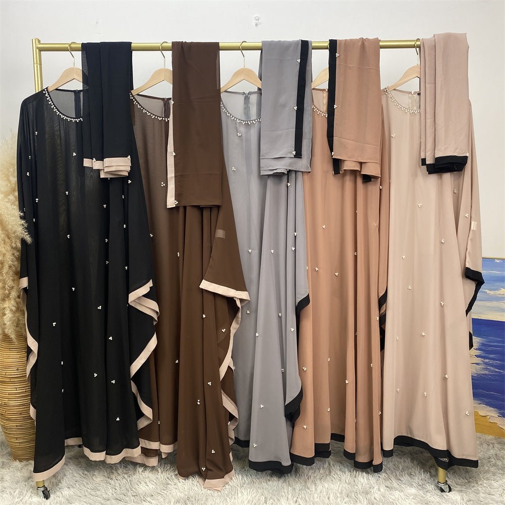 Elegant Chiffon Batwing Sleeve Abaya Pearl - Embellished Loose Muslim Robe with Contrast Trim. (MA183) - Mariam's Collection