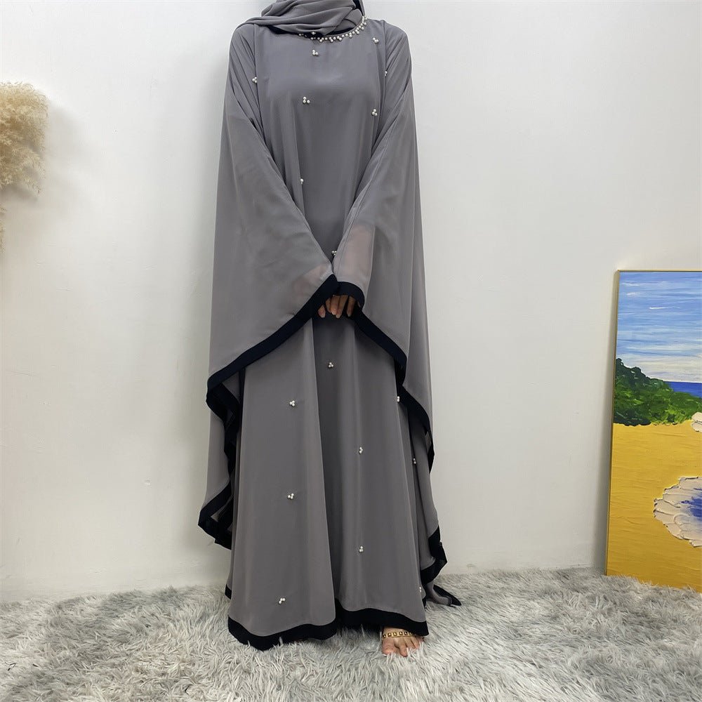 Elegant Chiffon Batwing Sleeve Abaya Pearl - Embellished Loose Muslim Robe with Contrast Trim. (MA183) - Mariam's Collection