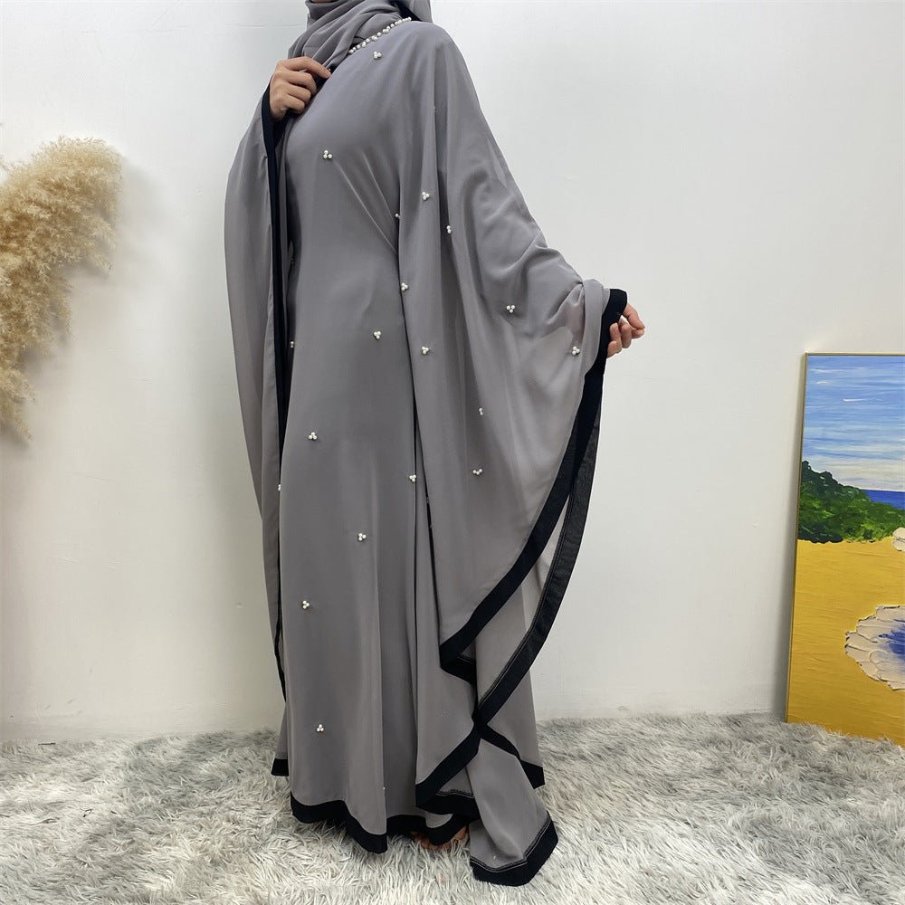 Elegant Chiffon Batwing Sleeve Abaya Pearl - Embellished Loose Muslim Robe with Contrast Trim. (MA183) - Mariam's Collection