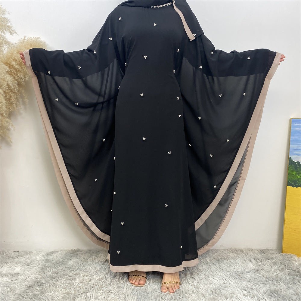 Elegant Chiffon Batwing Sleeve Abaya Pearl - Embellished Loose Muslim Robe with Contrast Trim. (MA183) - Mariam's Collection