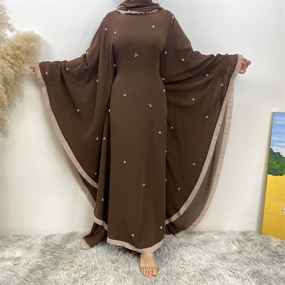Elegant Chiffon Batwing Sleeve Abaya Pearl - Embellished Loose Muslim Robe with Contrast Trim. (MA183) - Mariam's Collection