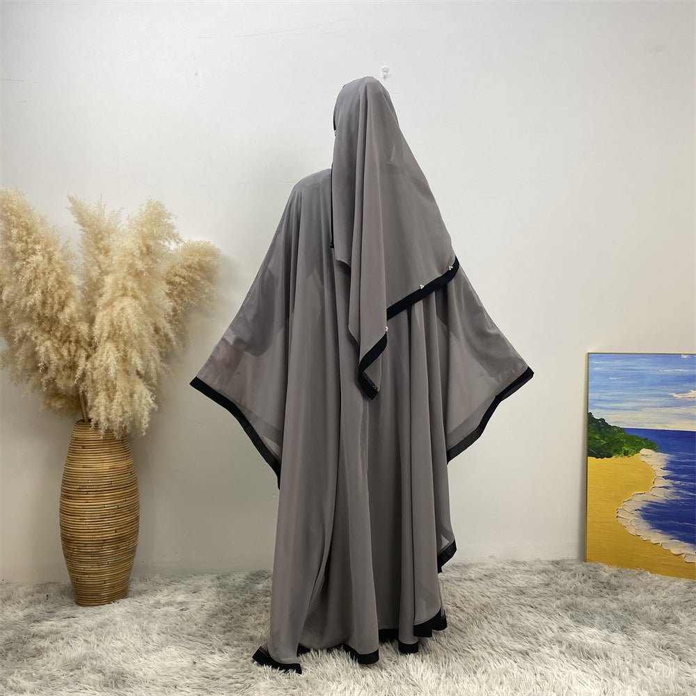 Elegant Chiffon Batwing Sleeve Abaya Pearl - Embellished Loose Muslim Robe with Contrast Trim. (MA183) - Mariam's Collection