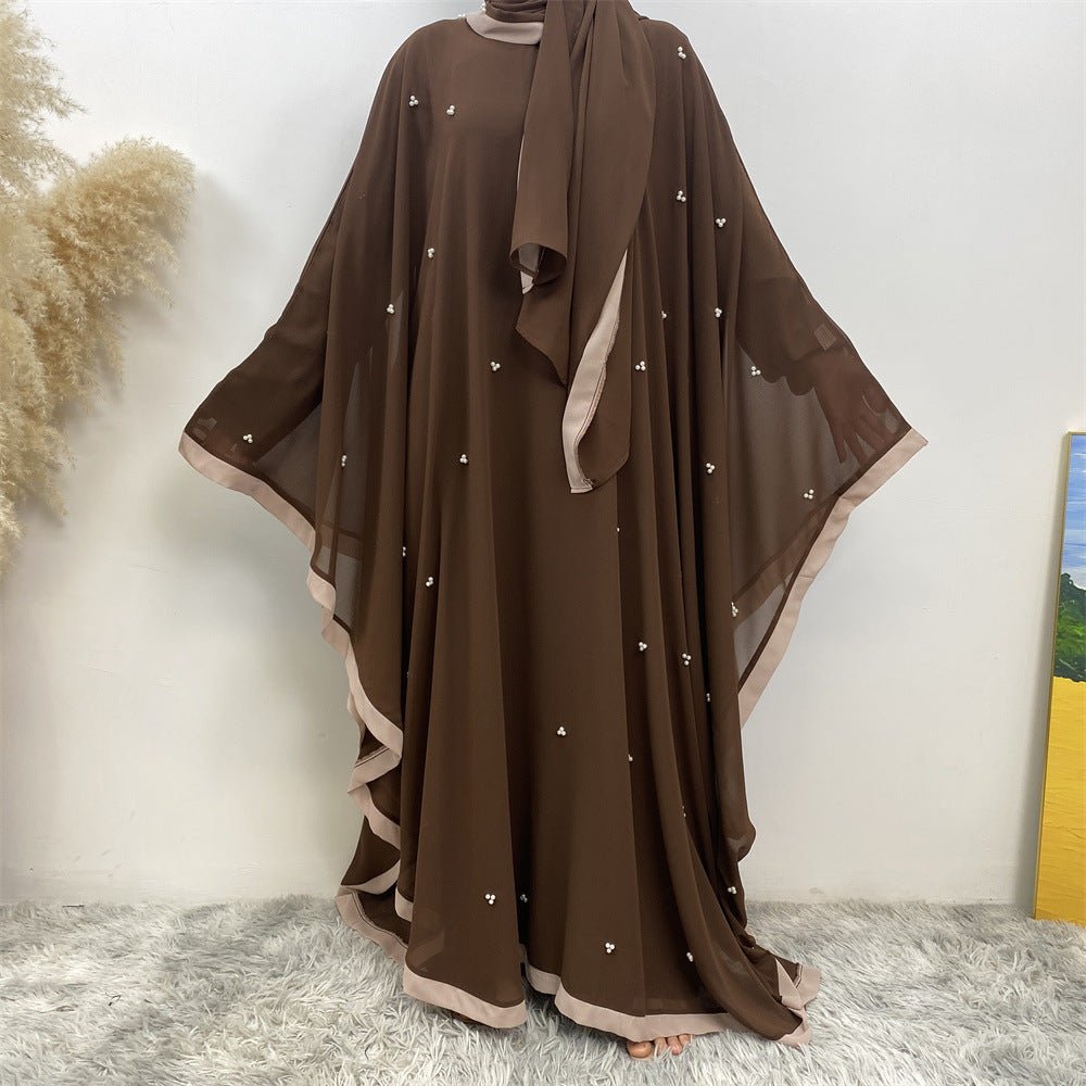 Elegant Chiffon Batwing Sleeve Abaya Pearl - Embellished Loose Muslim Robe with Contrast Trim. (MA183) - Mariam's Collection