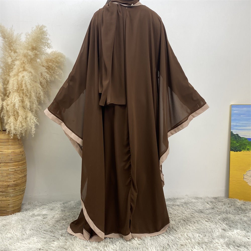 Elegant Chiffon Batwing Sleeve Abaya Pearl - Embellished Loose Muslim Robe with Contrast Trim. (MA183) - Mariam's Collection