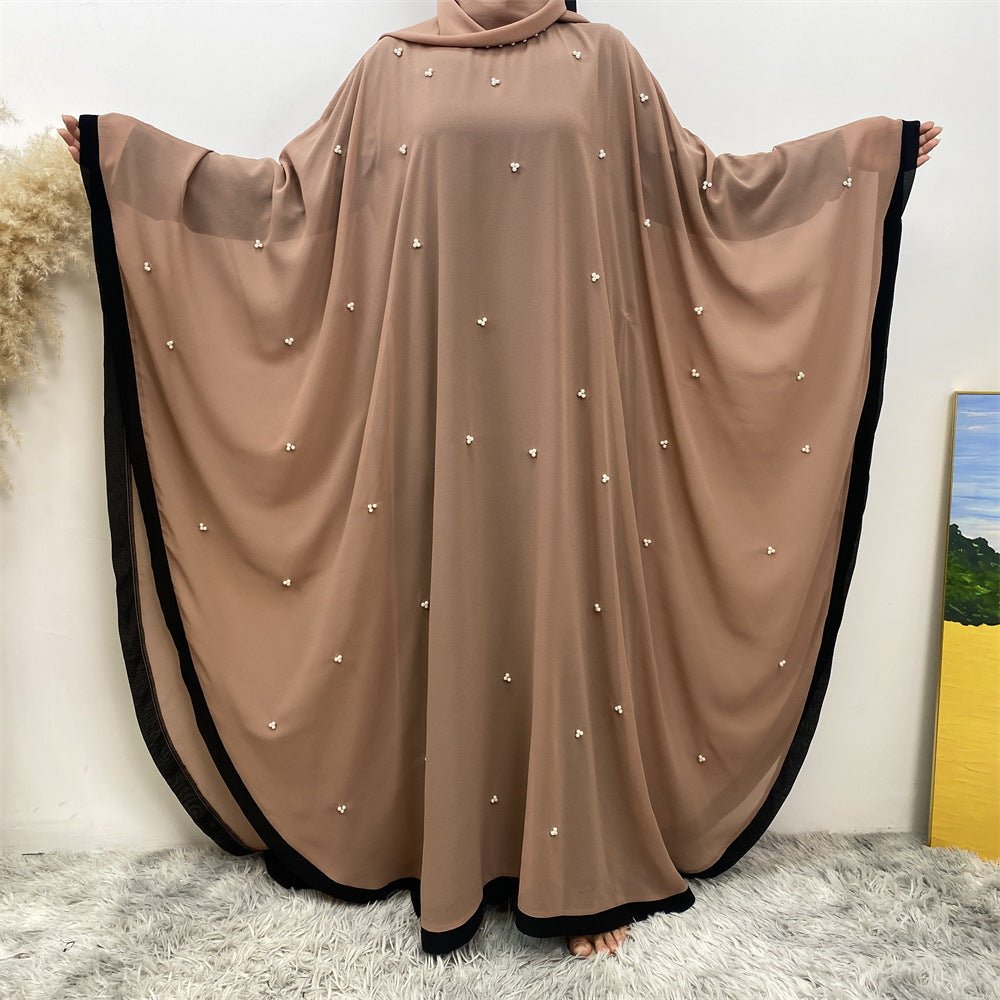 Elegant Chiffon Batwing Sleeve Abaya Pearl - Embellished Loose Muslim Robe with Contrast Trim. (MA183) - Mariam's Collection