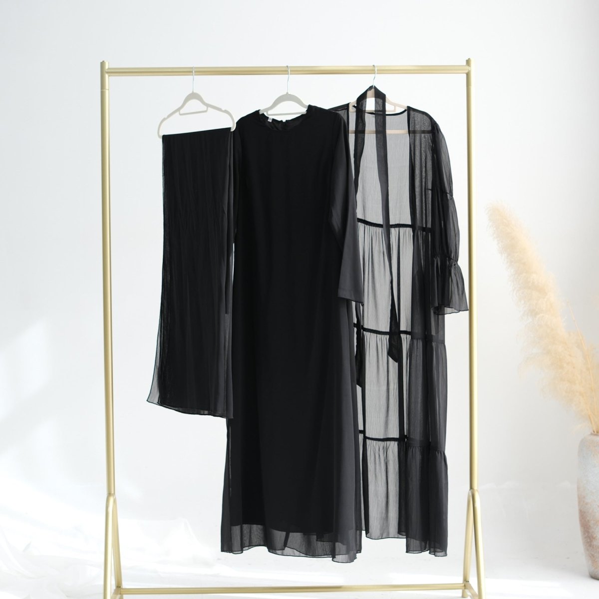 Elegant Chiffon Wrinkle Three - Piece Set Modest Muslim Abaya (MOA155) - Mariam's Collection