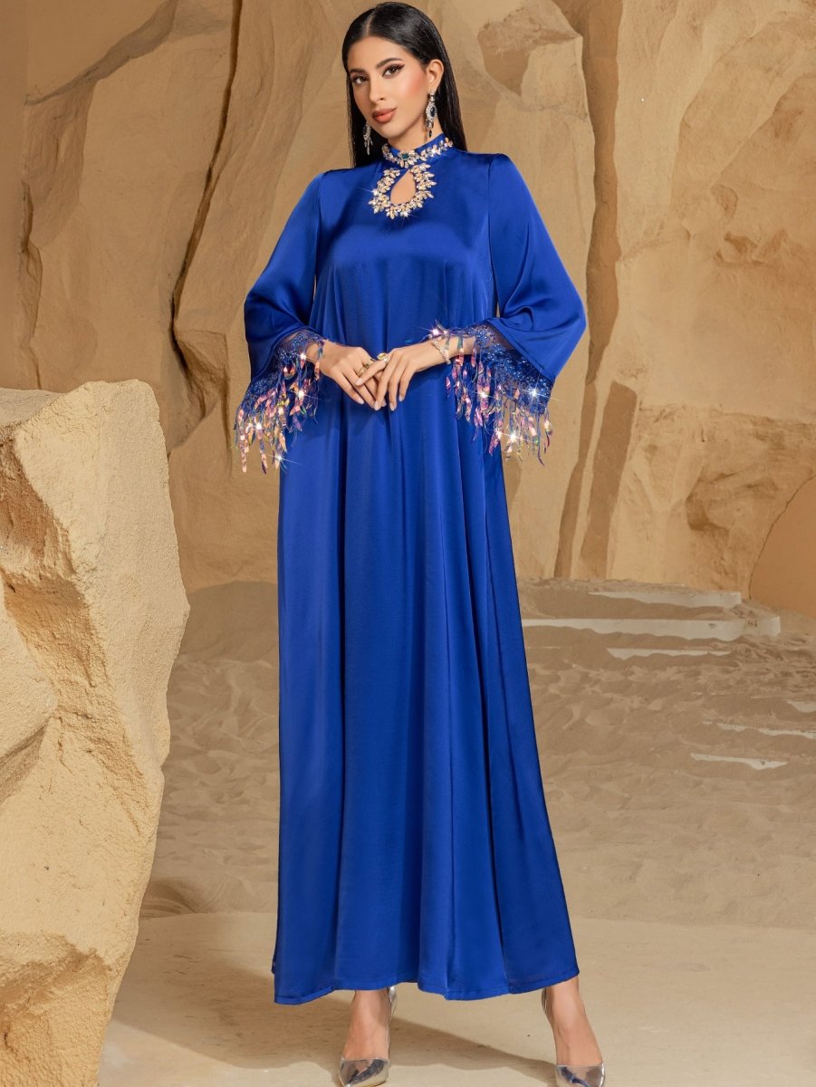 Elegant Embellished Blue Symphony Laser Gradient Fringed Abaya Long Dress. (MA184) - Mariam's Collection