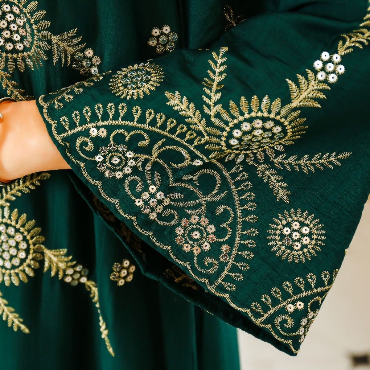 Elegant Embroidered Abaya Gown | Gold Thread & Sequin Maxi Dress with Flared Sleeves(MA285) - Mariam's Collection