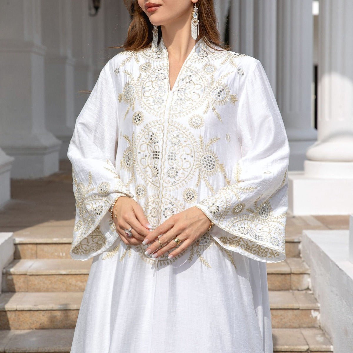 Elegant Embroidered Abaya Gown | Gold Thread & Sequin Maxi Dress with Flared Sleeves(MA285) Elegant Embroidered Abaya Gown | Gold Thread & Sequin Maxi Dress with Flared Sleeves(MA285)