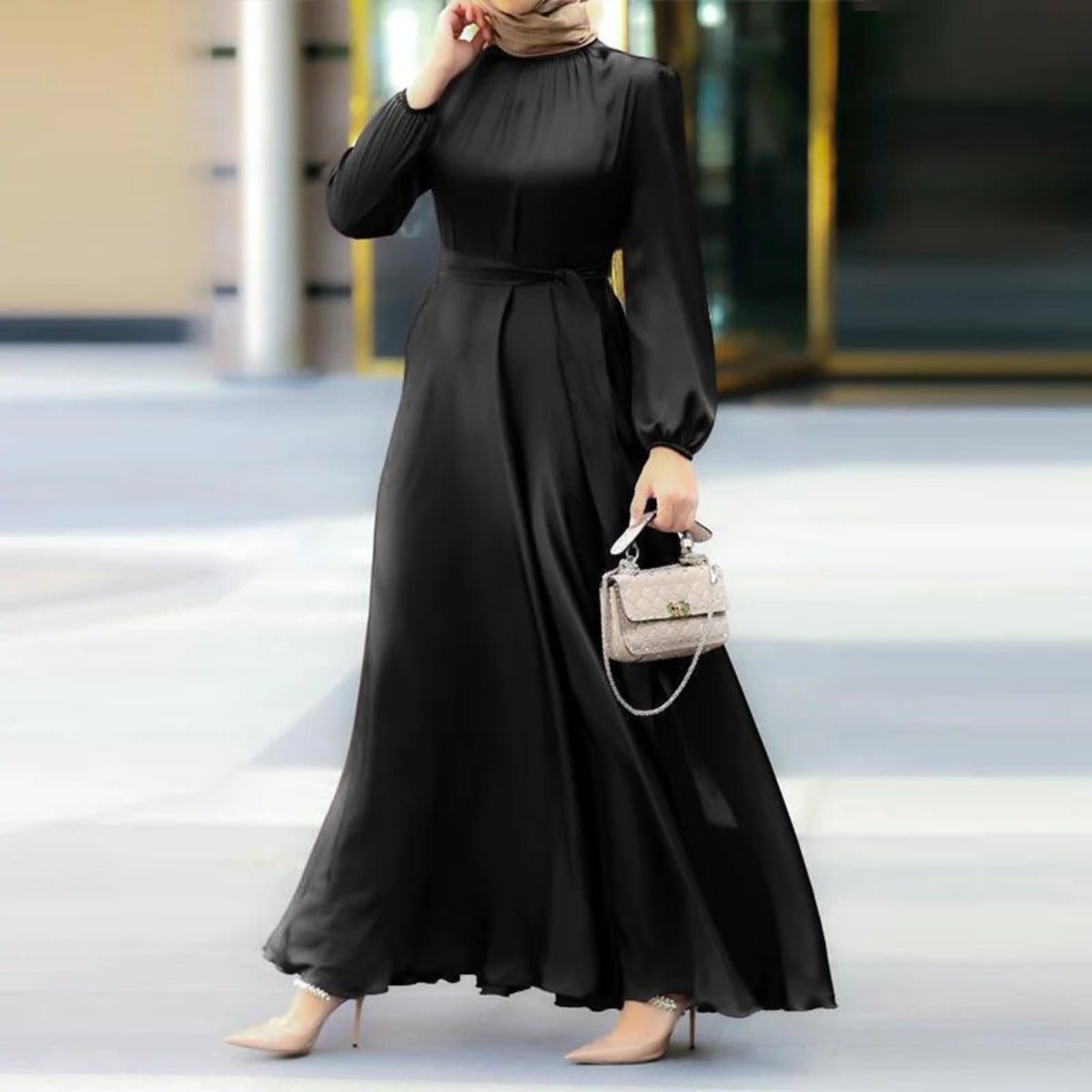 Elegant Faux Silk Abaya | Round Neck Abaya (MA148) - Mariam's Collection