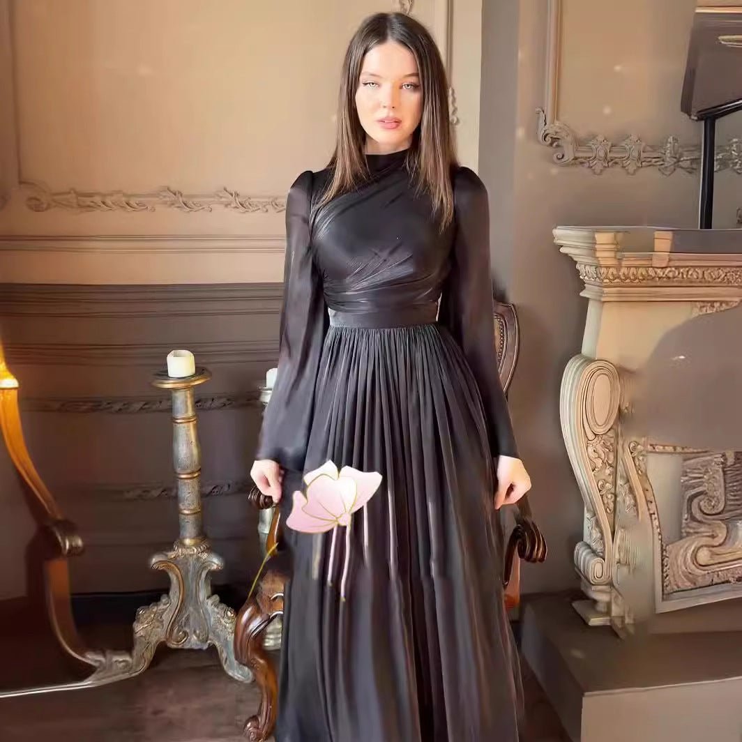 Elegant French Waist Pleated Half-Turtleneck Flared Sleeve Dresses Abaya Wedding Guest Gown (MA199) - Mariam's Collection Elegant French Waist Pleated Half-Turtleneck Flared Sleeve Dresses Abaya Wedding Guest Gown (MA199) - Mariam's Collection