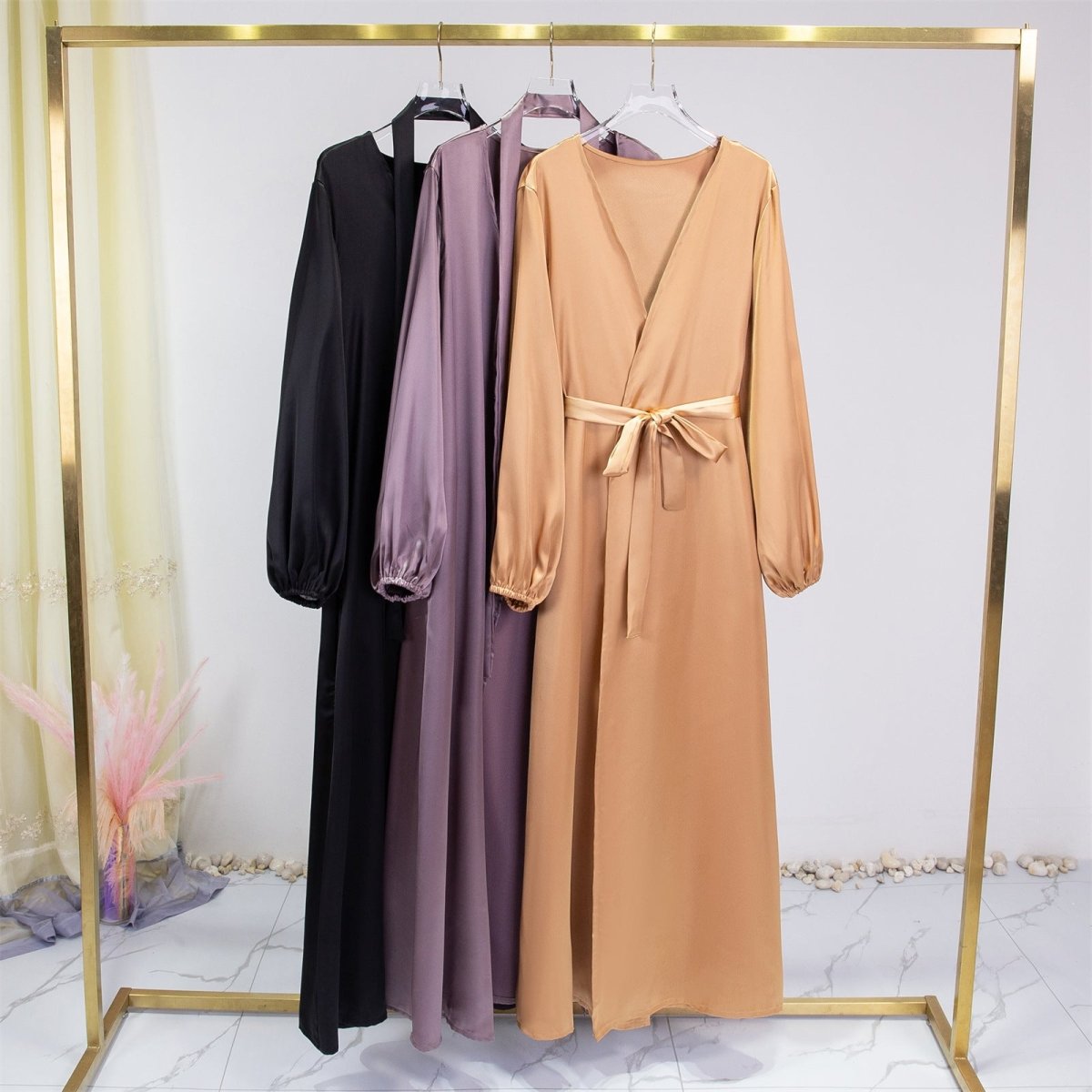 Elegant Fresh Candy - Colored Satin Open Abaya (MOA130) - Mariam's Collection