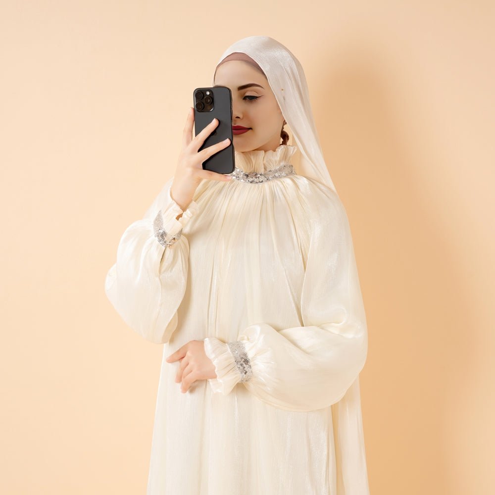 Elegant Glossy Flower Cuff Sequinned Abaya (MA140) - Mariam's Collection