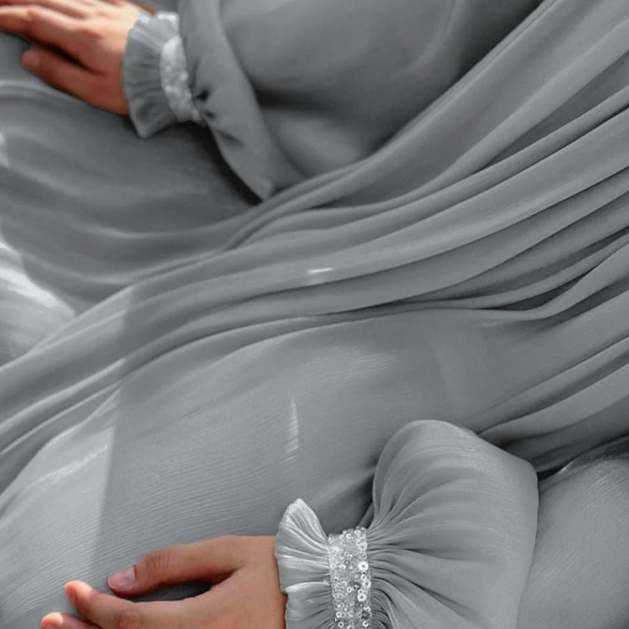 Elegant Glossy Flower Cuff Sequinned Abaya (MA140) - Mariam's Collection