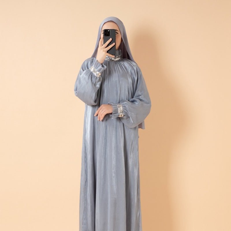 Elegant Glossy Flower Cuff Sequinned Abaya (MA140) - Mariam's Collection