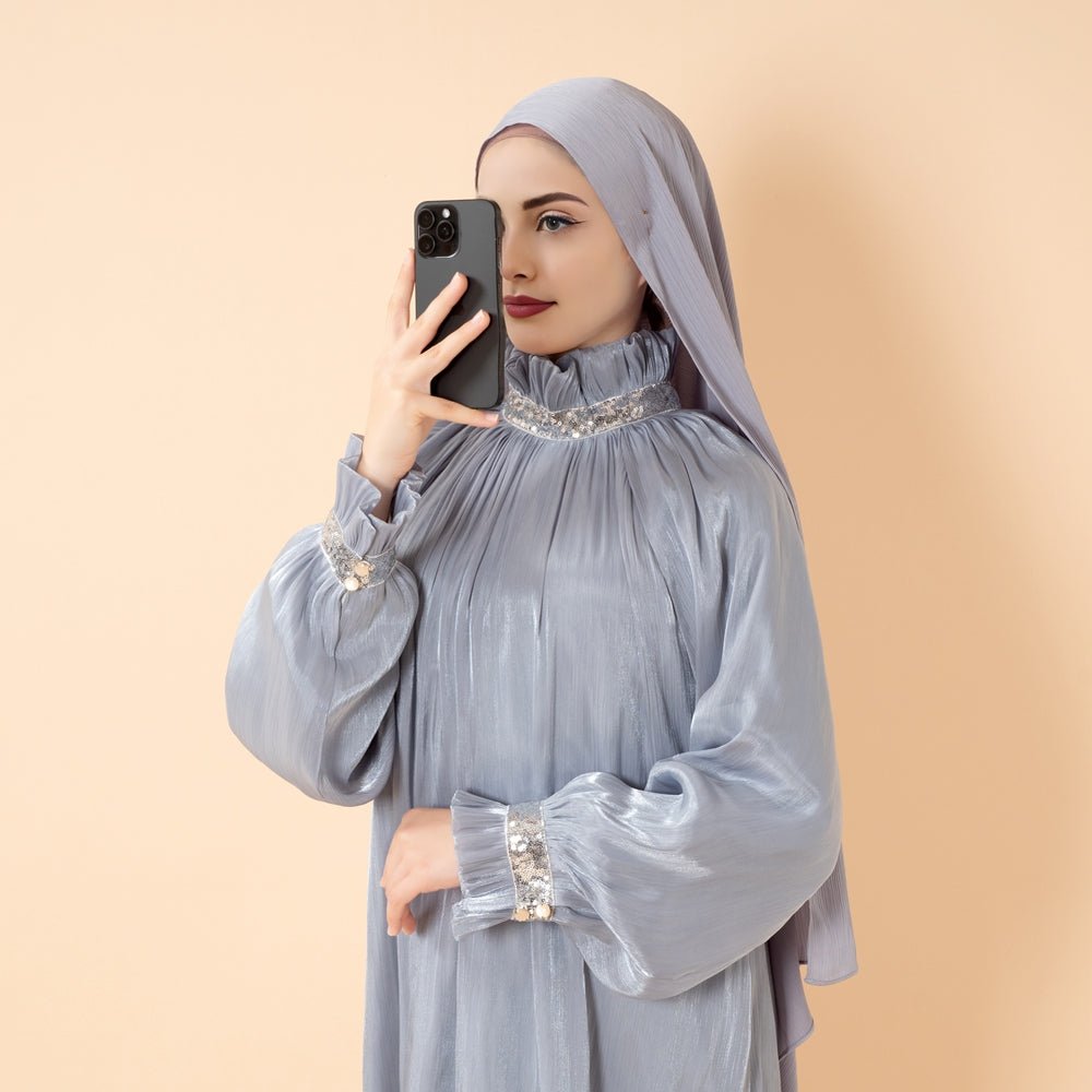 Elegant Glossy Flower Cuff Sequinned Abaya (MA140) - Mariam's Collection