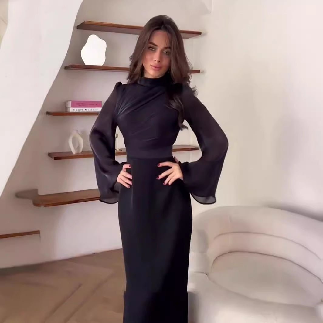 Elegant Half-Turtleneck Flared Sleeve French Pleated Dress Abaya (MA198) Black / XXL
