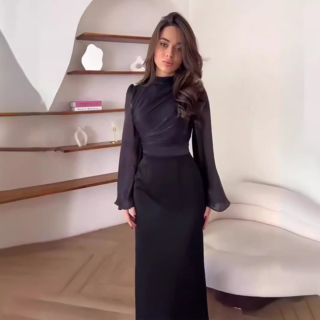 Elegant Half - Turtleneck Flared Sleeve French Pleated Dress Abaya. (MA198) - Mariam's Collection