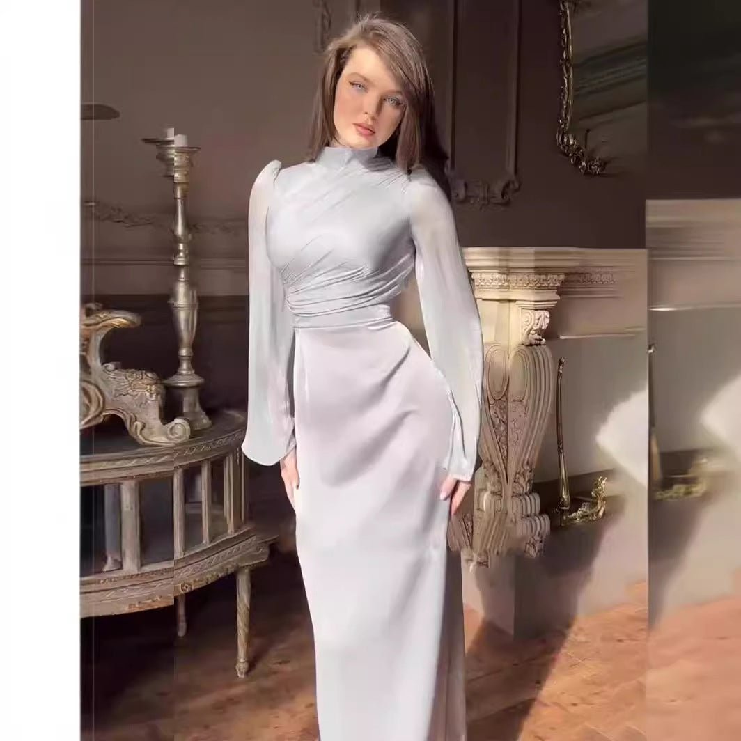 Elegant Half - Turtleneck Flared Sleeve French Pleated Dress Abaya. (MA198) - Mariam's Collection