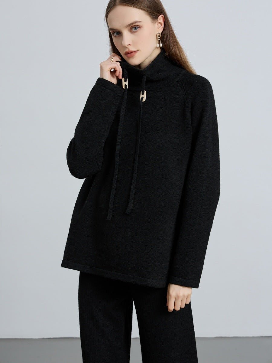 Elegant Half - Turtleneck Knit Sweater with Drawstring | Pullover Style Versatile Top(MS120) - Mariam's Collection
