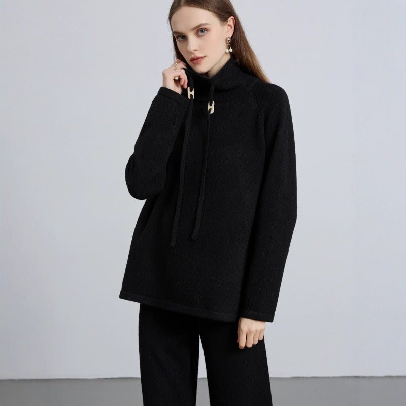 Elegant Half - Turtleneck Knit Sweater with Drawstring | Pullover Style Versatile Top(MS120) - Mariam's Collection