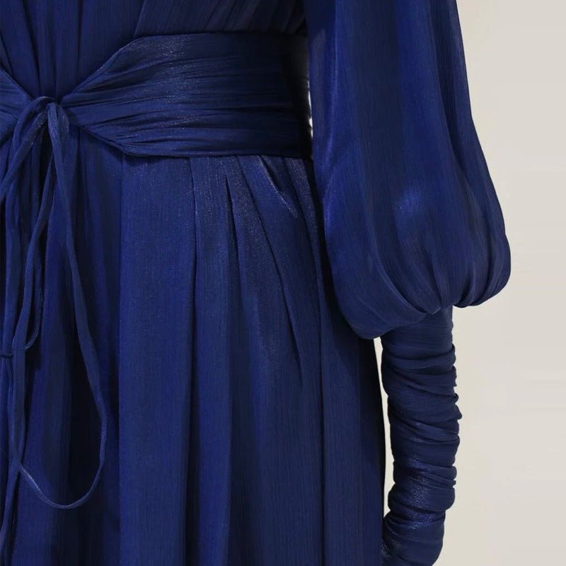 Elegant Half - Turtleneck Princess Sleeve Dress Set with Belt | Pleated Full Skirt Two - Piece(MA320) - Mariam's Collection