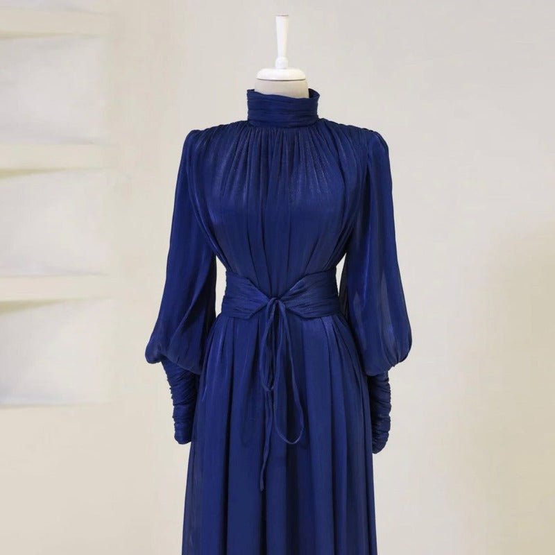 Elegant Half - Turtleneck Princess Sleeve Dress Set with Belt | Pleated Full Skirt Two - Piece(MA320) - Mariam's Collection