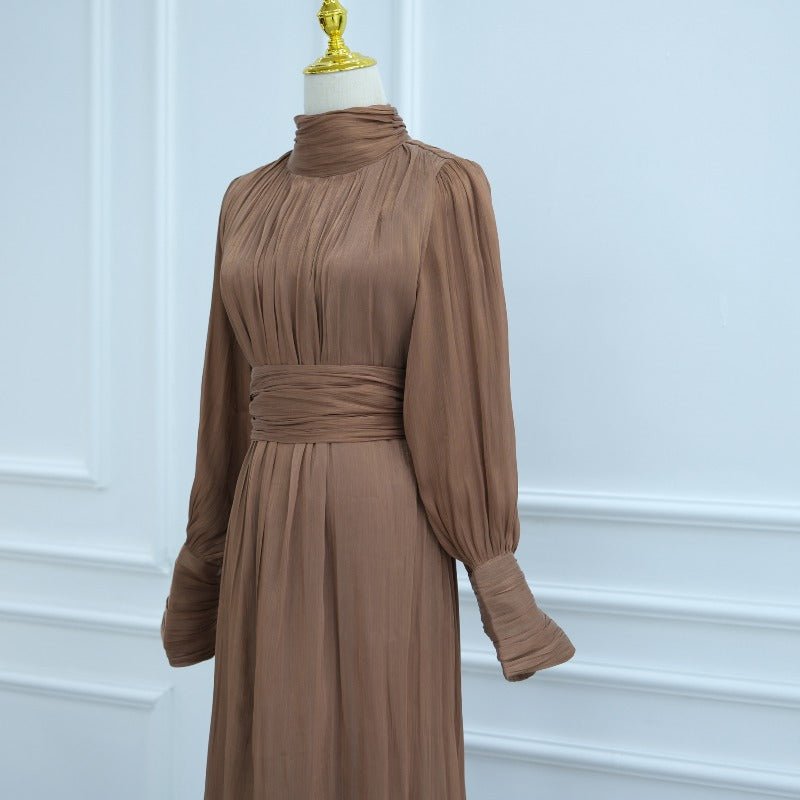 Elegant Half - Turtleneck Princess Sleeve Dress Set with Belt | Pleated Full Skirt Two - Piece(MA320) - Mariam's Collection