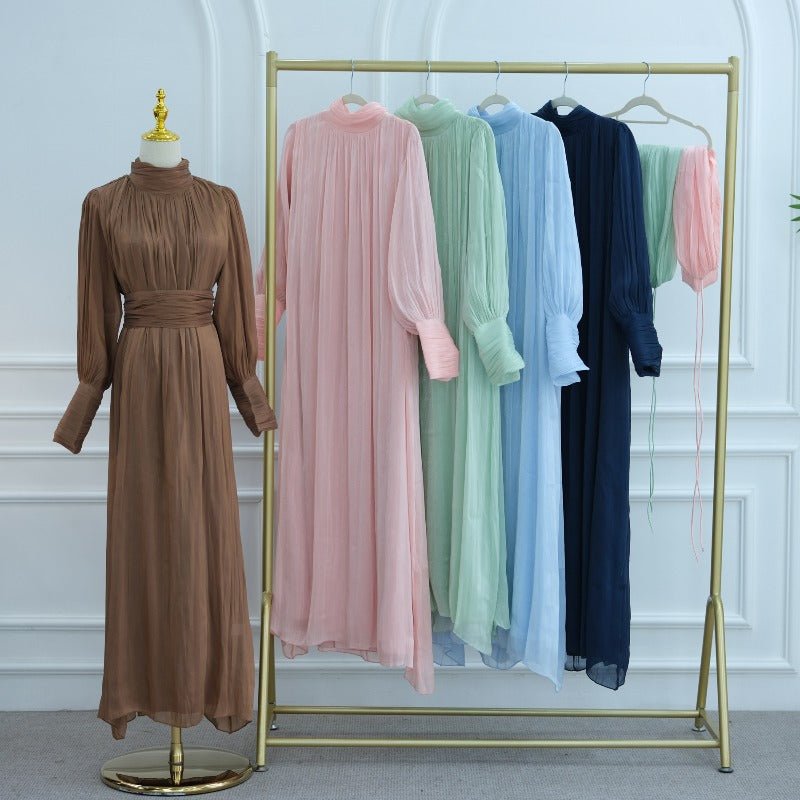 Elegant Half - Turtleneck Princess Sleeve Dress Set with Belt | Pleated Full Skirt Two - Piece(MA320) - Mariam's Collection