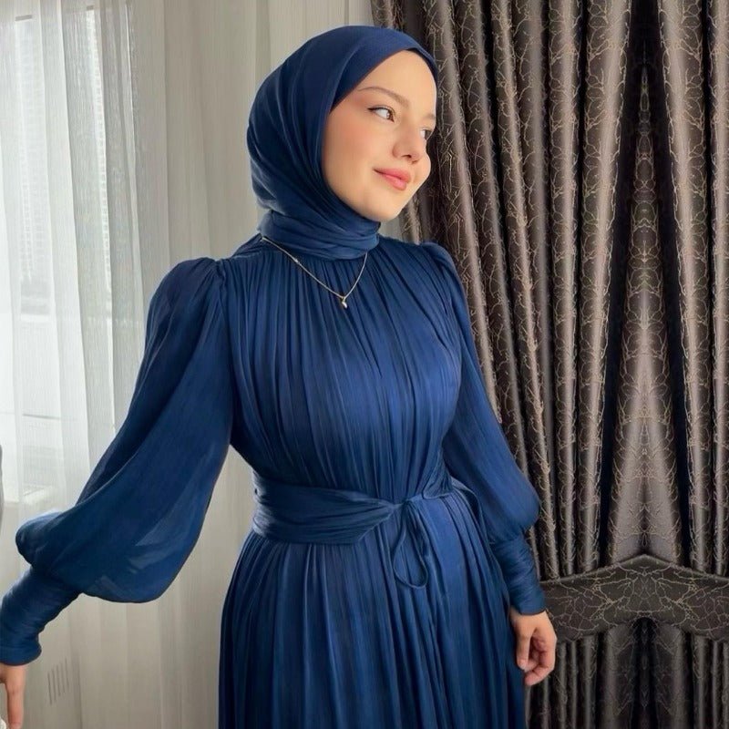 Elegant Half - Turtleneck Princess Sleeve Dress Set with Belt | Pleated Full Skirt Two - Piece(MA320) - Mariam's Collection