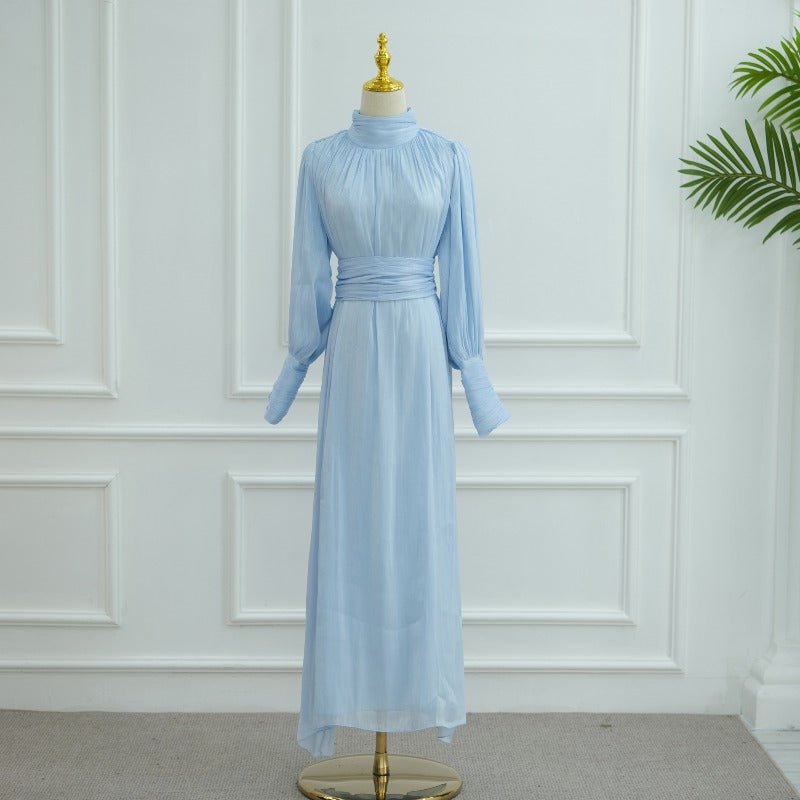 Elegant Half - Turtleneck Princess Sleeve Dress Set with Belt | Pleated Full Skirt Two - Piece(MA320) - Mariam's Collection
