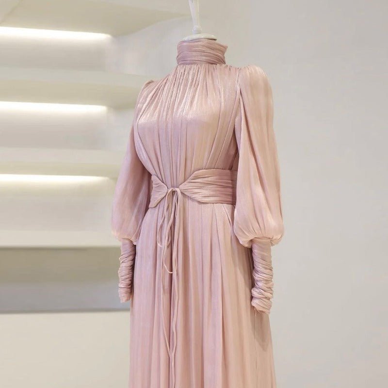 Elegant Half - Turtleneck Princess Sleeve Dress Set with Belt | Pleated Full Skirt Two - Piece(MA320) - Mariam's Collection