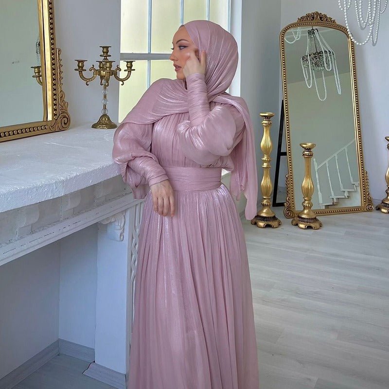 Elegant Half - Turtleneck Princess Sleeve Dress Set with Belt | Pleated Full Skirt Two - Piece(MA320) - Mariam's Collection