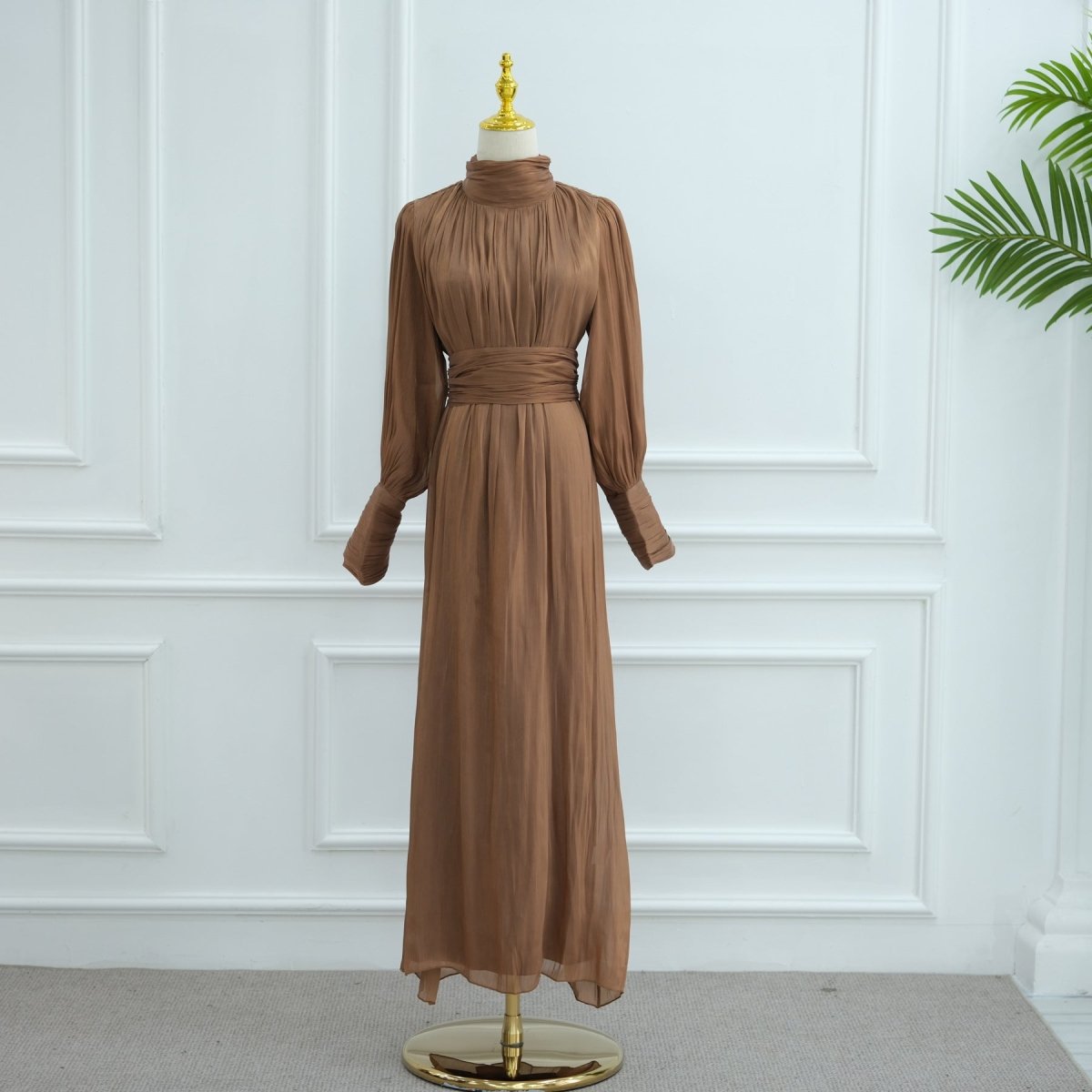 Elegant Half - Turtleneck Princess Sleeve Dress Set with Belt | Pleated Full Skirt Two - Piece(MA320) - Mariam's Collection