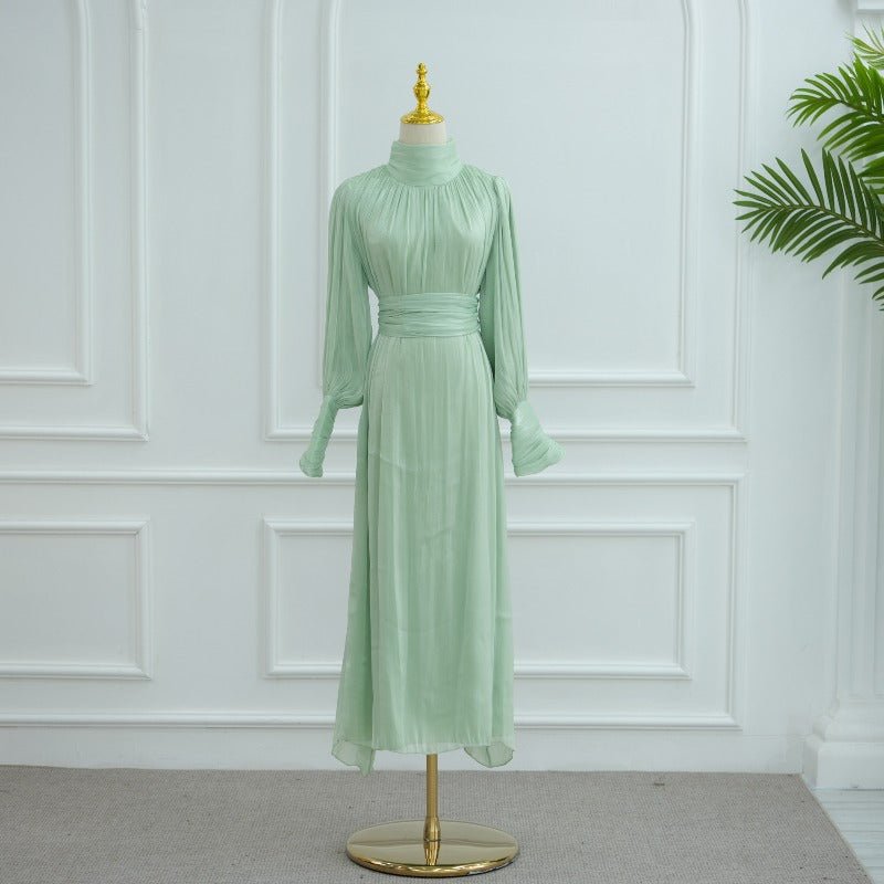 Elegant Half - Turtleneck Princess Sleeve Dress Set with Belt | Pleated Full Skirt Two - Piece(MA320) - Mariam's Collection