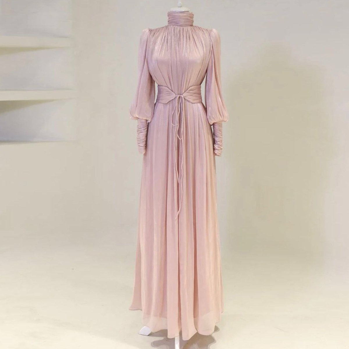 Elegant Half - Turtleneck Princess Sleeve Dress Set with Belt | Pleated Full Skirt Two - Piece(MA320) - Mariam's Collection