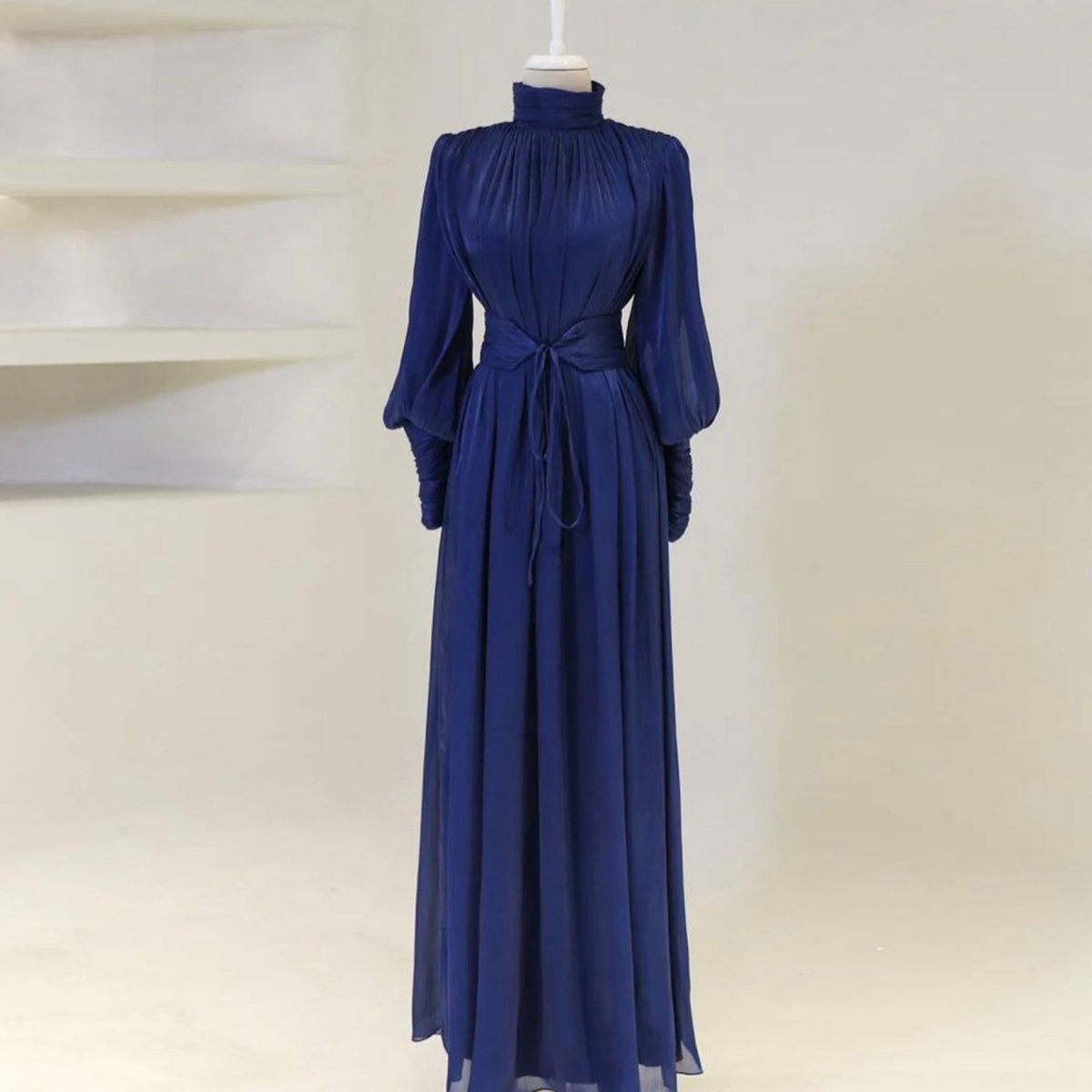 Elegant Half - Turtleneck Princess Sleeve Dress Set with Belt | Pleated Full Skirt Two - Piece(MA320) - Mariam's Collection