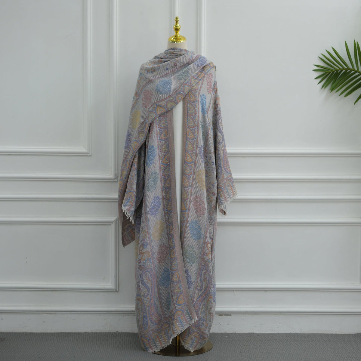 Elegant Jacquard Rhinestone Cardigan & Hijab 2-Piece Set(MOA349) - Mariam's Collection