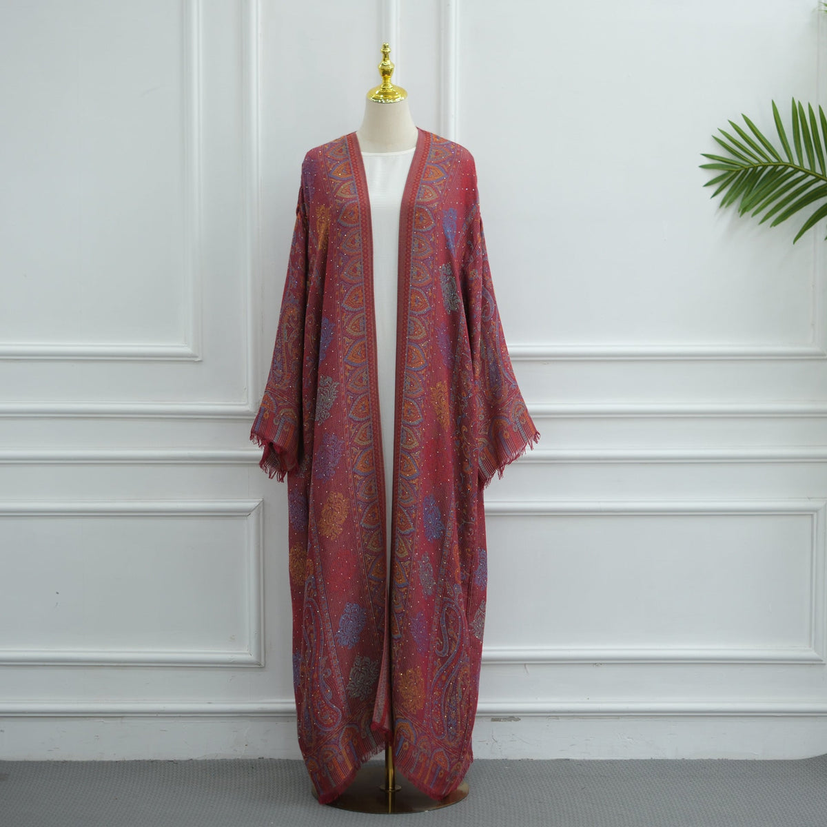 Elegant Jacquard Rhinestone Cardigan & Hijab 2-Piece Set(MOA349) - Mariam's Collection