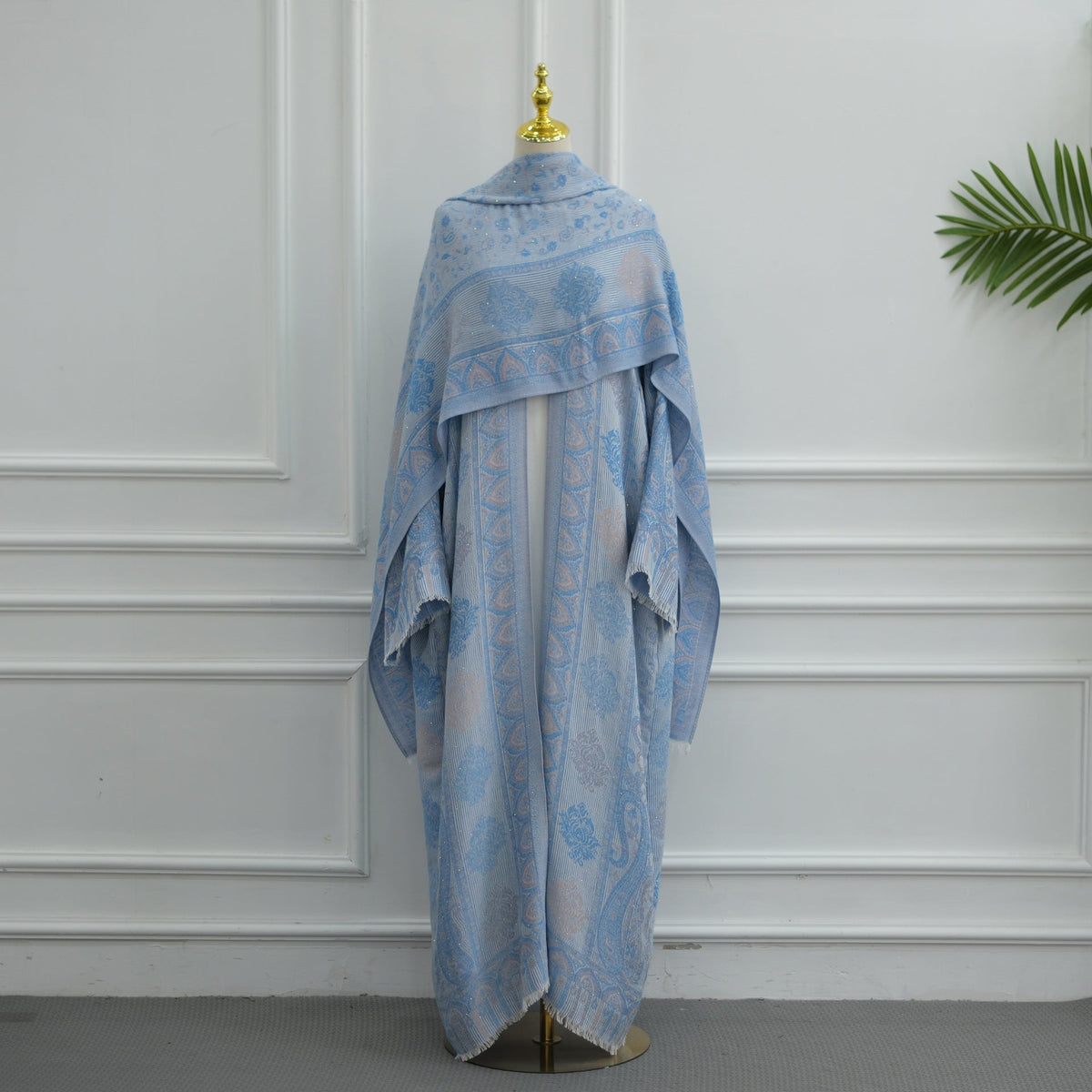 Elegant Jacquard Rhinestone Cardigan & Hijab 2-Piece Set(MOA349) - Mariam's Collection
