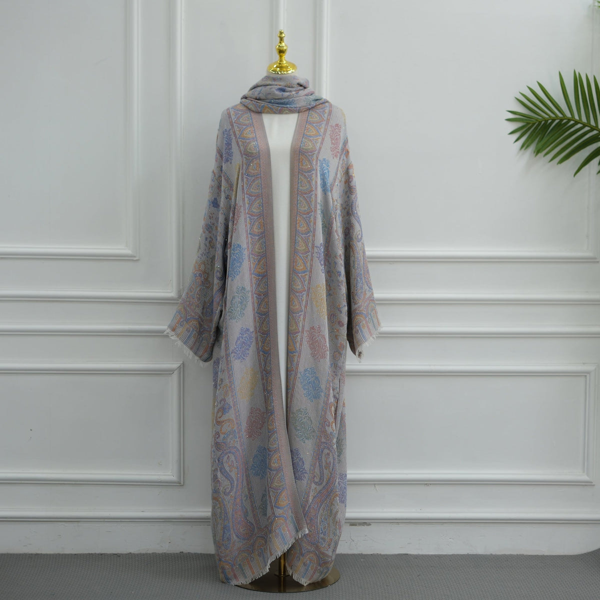 Elegant Jacquard Rhinestone Cardigan & Hijab 2-Piece Set(MOA349) - Mariam's Collection