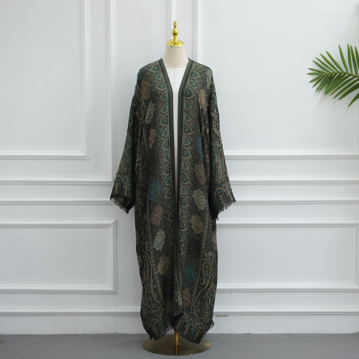 Elegant Jacquard Rhinestone Cardigan & Hijab 2-Piece Set(MOA349) - Mariam's Collection