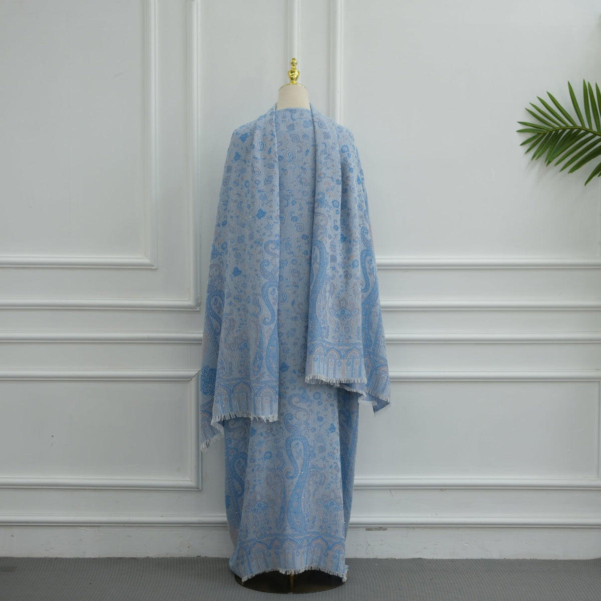 Elegant Jacquard Rhinestone Cardigan & Hijab 2-Piece Set(MOA349) - Mariam's Collection